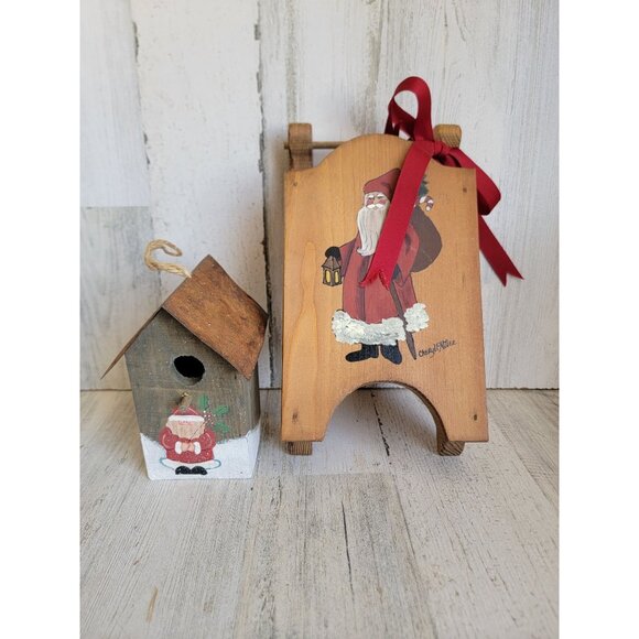 Vintage wooden Santa Claus sled birdhouse hanging Xmas home decor - Picture 1 of 9